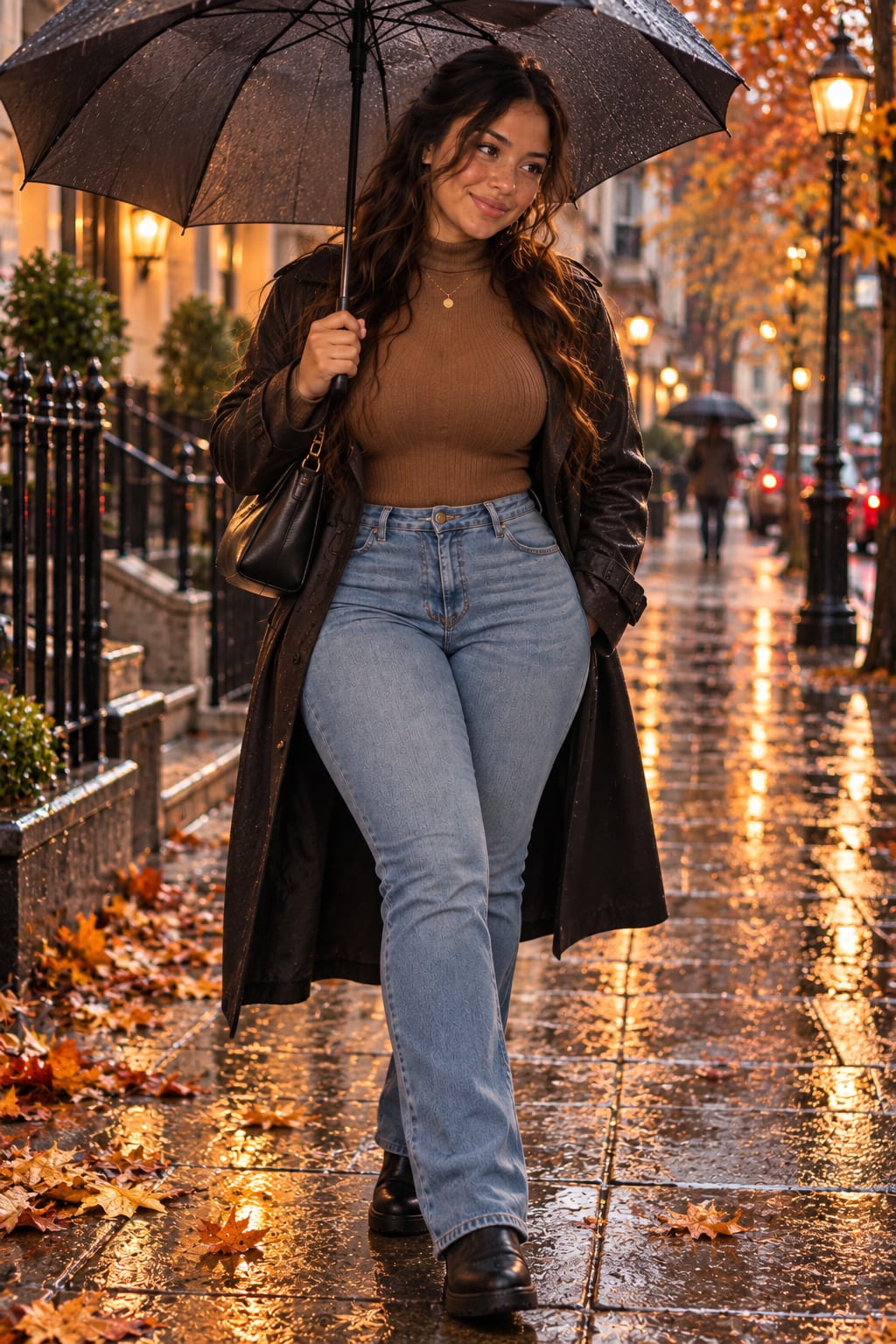 Camila under an umbrella on a rainy autumn street