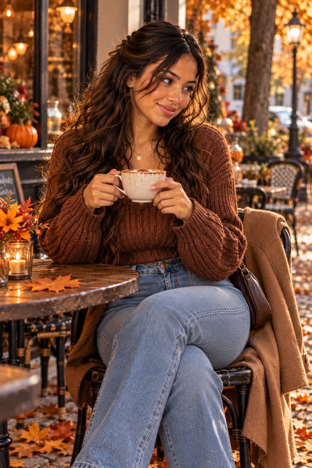 Camila enjoying a warm autumn café moment